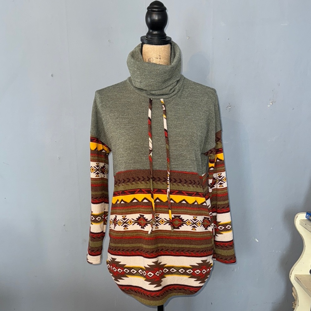 Aztec Print Cowl Neck Sweater
